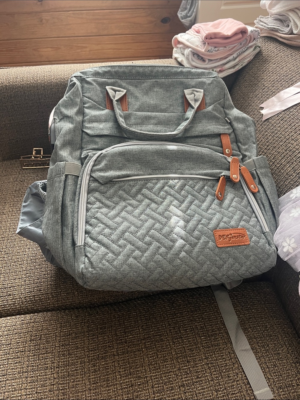 Grey Quilted Kids Backpack Tote - Multi-Pocket Kids Accessory Bag